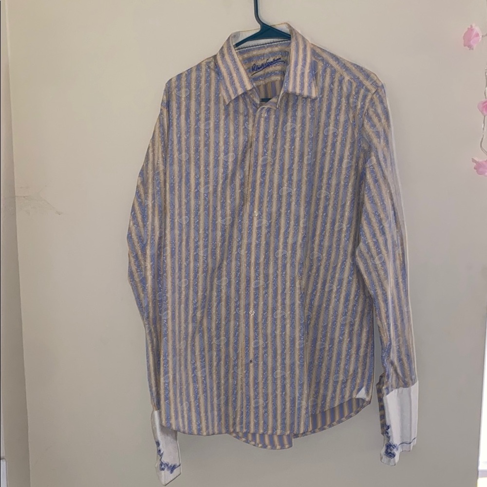 Robert Graham Blue Yellow White Striped Button Down Shirt